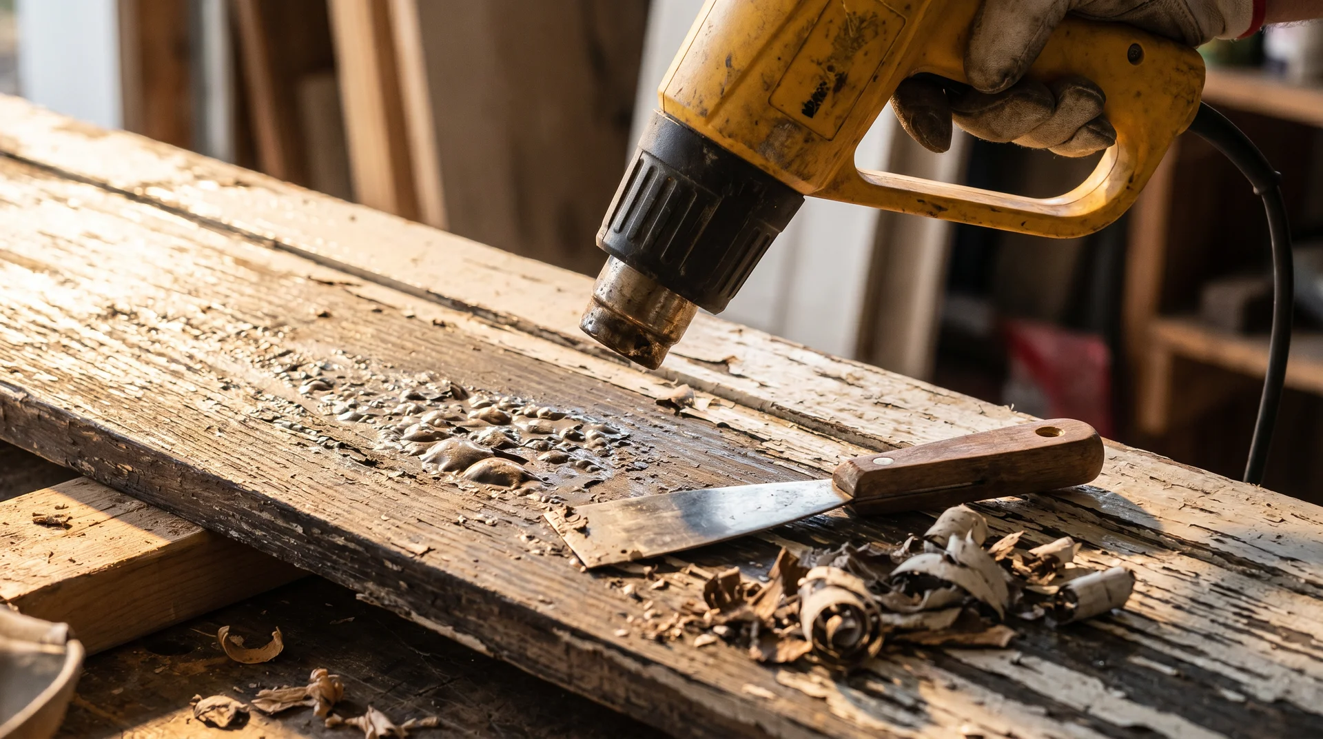 Using a heat gun to lift layers of stubborn paint from a rustic wood board during a DIY restoration project.