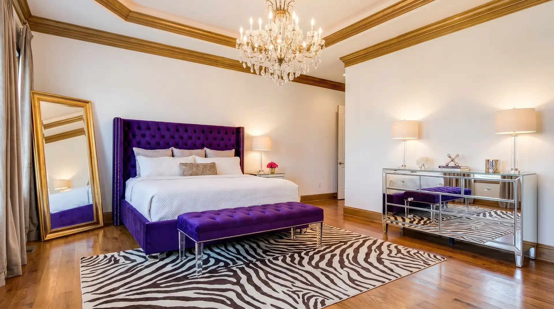 Hollywood Regency bedroom featuring a vibrant purple velvet bed, a bold animal print rug, and a crystal chandelier.