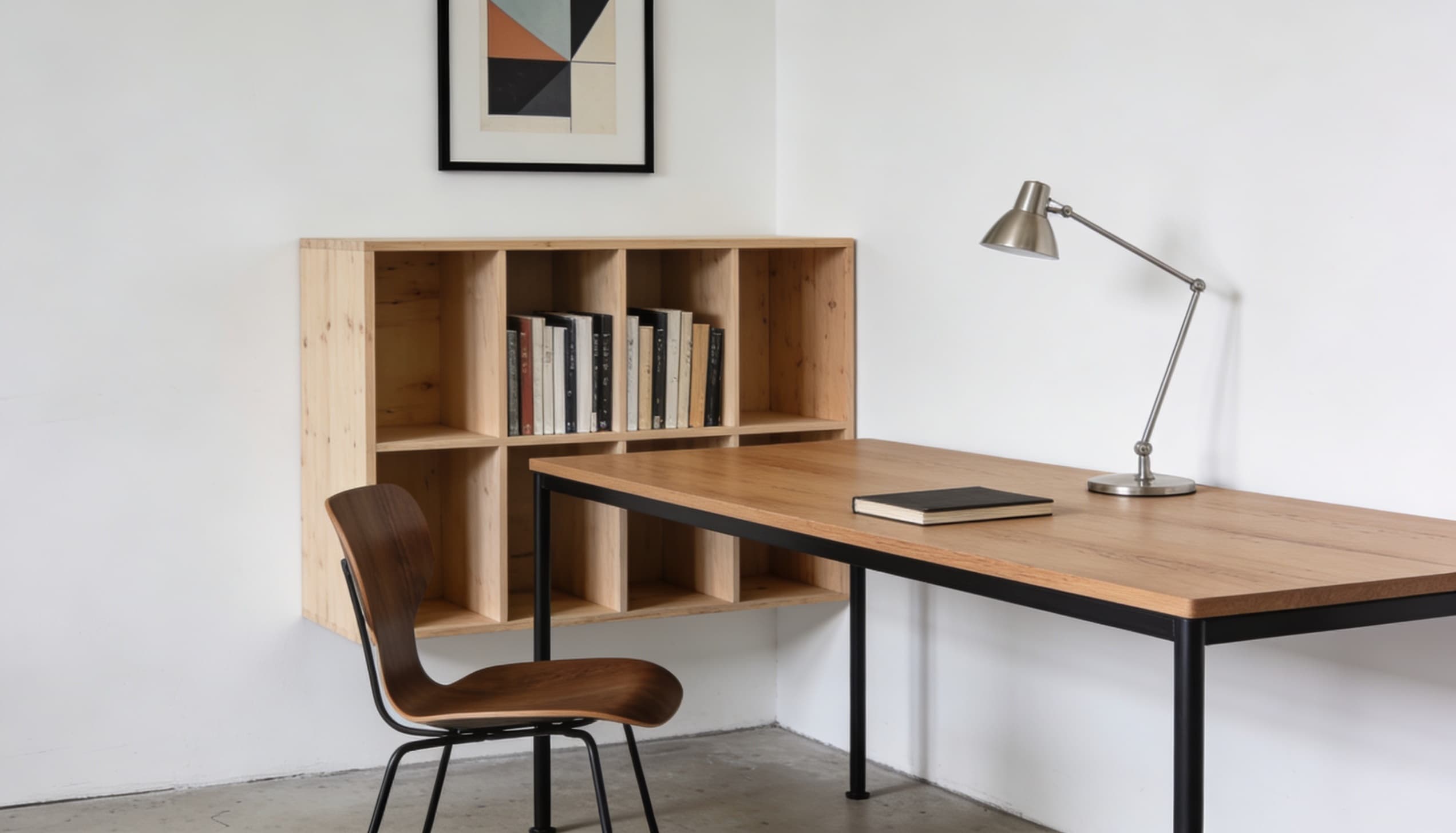 Bauhaus home office featuring a light wood desk with black steel legs, a matching wooden shelf, a metal desk lamp, and a modern chair.