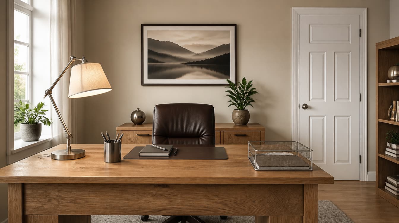 Modern home office with wooden desk, leather chair, neutral decor, and soft natural lighting.