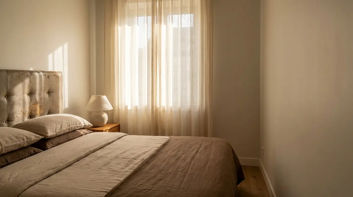 Cozy bedroom with beige bed linens, tufted headboard, and soft light filtering through curtains