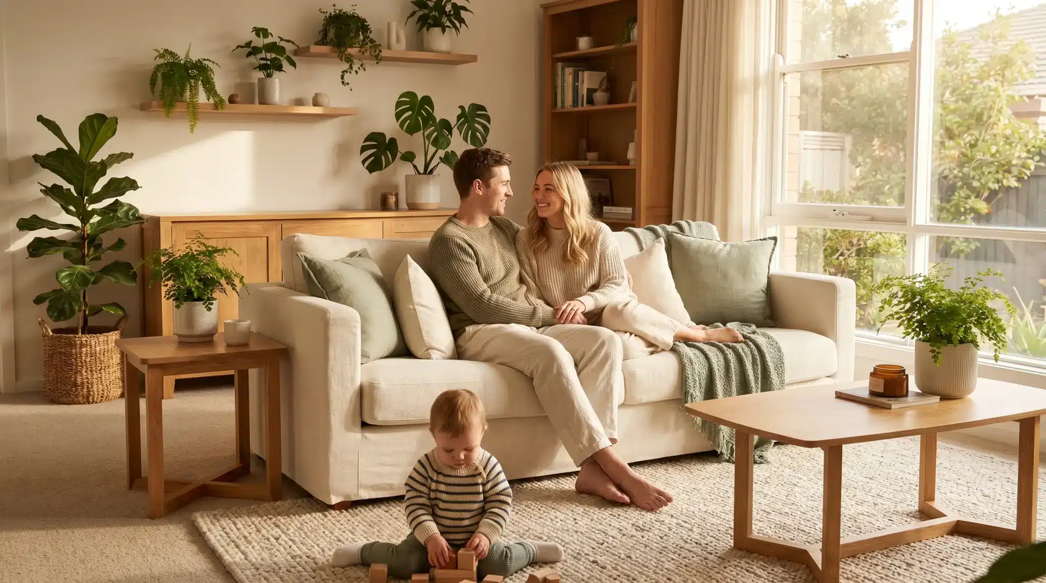 Couple sitting on sofa with toddler playing nearby in a sunlit living room