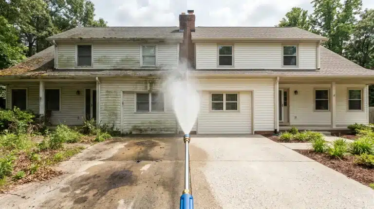 Pressure washing a house exterior with visible clean and dirty siding in suburban setting