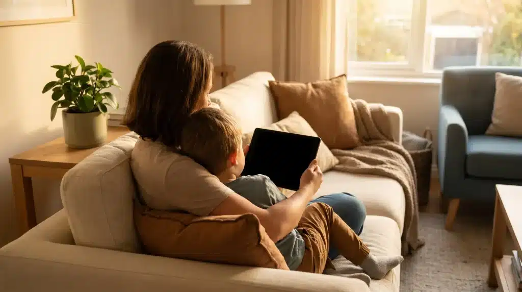 Mother and child sitting on beige sofa using tablet in sunlit living room