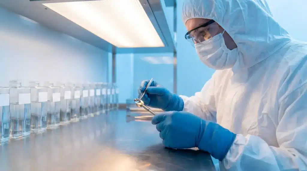 Scientist in protective gear examining sample in sterile laboratory environment with rows of glass bottles