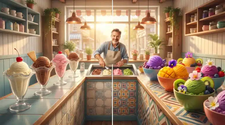 Ice cream vendor serving colorful scoops in vibrant bowls and glasses in a cozy shop