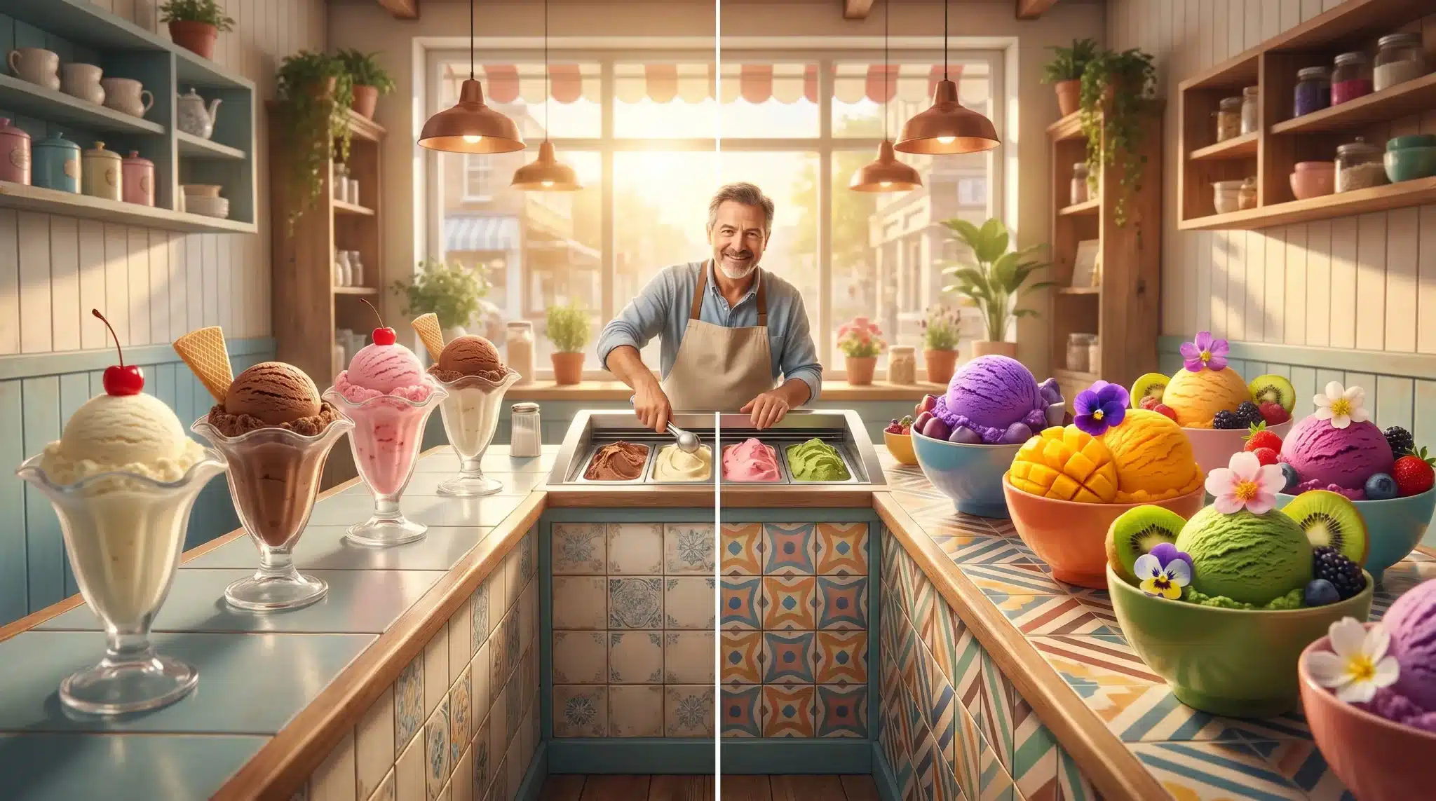 Ice cream vendor serving colorful scoops in vibrant bowls and glasses in a cozy shop