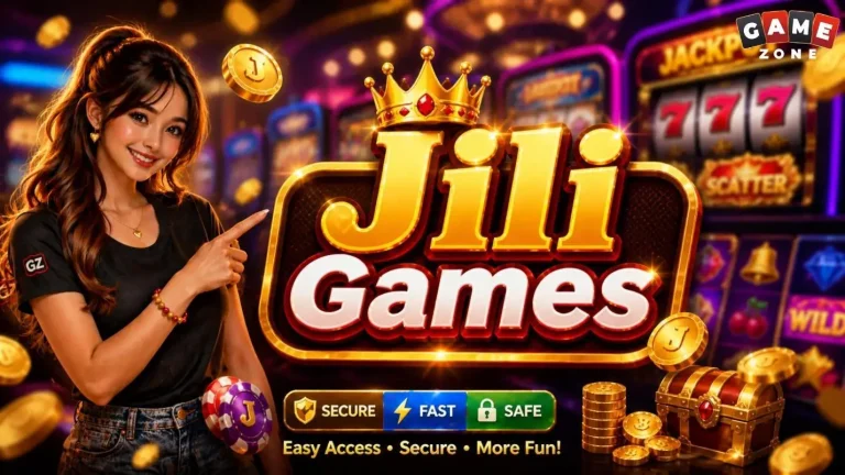 Smiling woman pointing at "Jili Games" logo with casino slot machine background