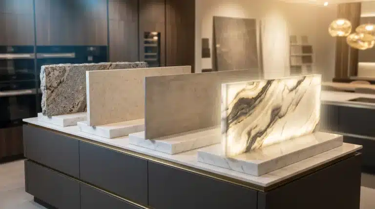 Marble countertop samples on display in modern showroom with wooden cabinetry and pendant lighting