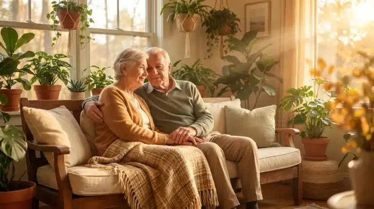 Elderly couple sitting on a sofa in a sunlit living room with houseplants