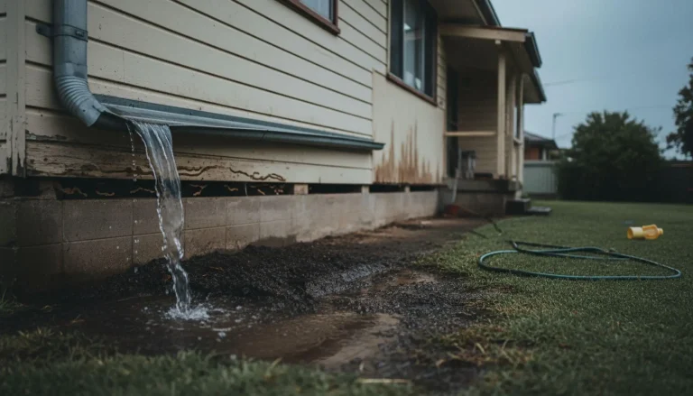 Rainwater flowing from downspout beside house onto lawn with garden hose nearby