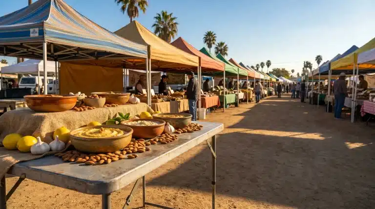 Bowls of hummus and almonds on table at outdoor farmers market with colorful tents