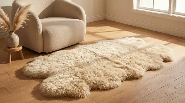 Shaggy cream rug on wooden floor beside beige armchair in sunlit living room