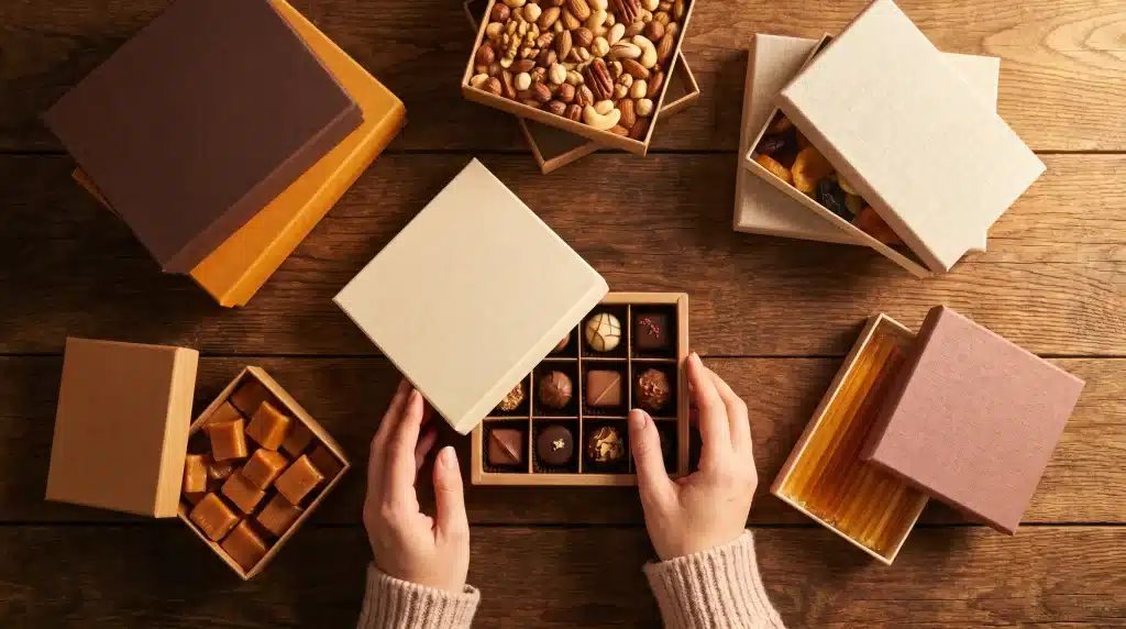 Assorted gift boxes with chocolates, nuts, and caramels on rustic wooden table