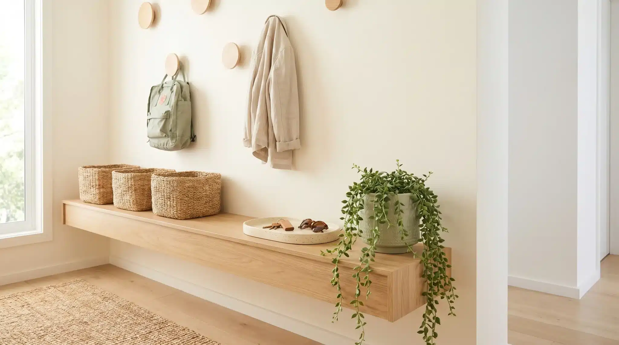 Hallway with floating wooden shelf, woven baskets, hanging coat, and backpack on beige wall
