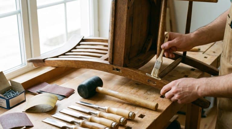 Photorealistic image of a wooden chair being repaired on a workbench. Hands are applying wood glue to loose joints with a small brush