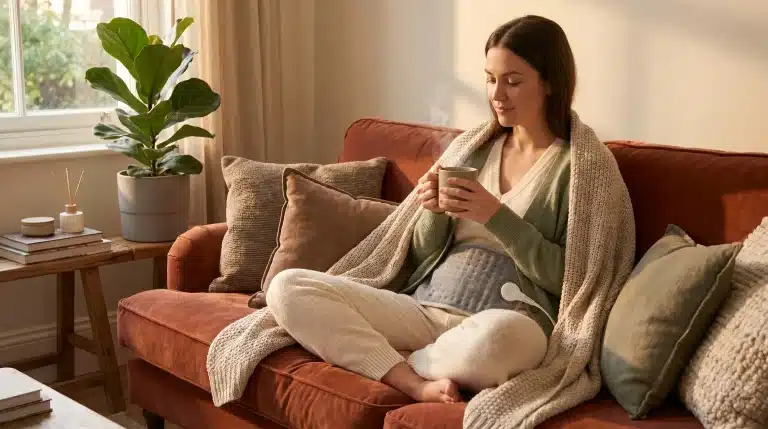 Woman relaxing on a cozy sofa with a hot beverage and blanket in sunlit living room