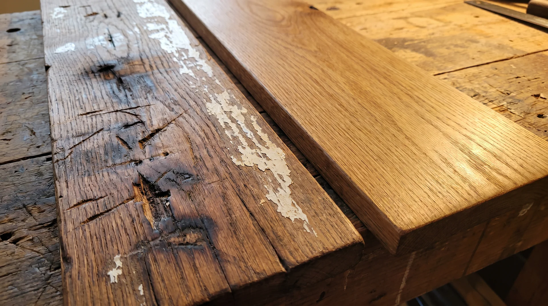 Split view showing a comparison of a weathered wooden surface with old paint versus clean, undamaged wood grain after stripping.