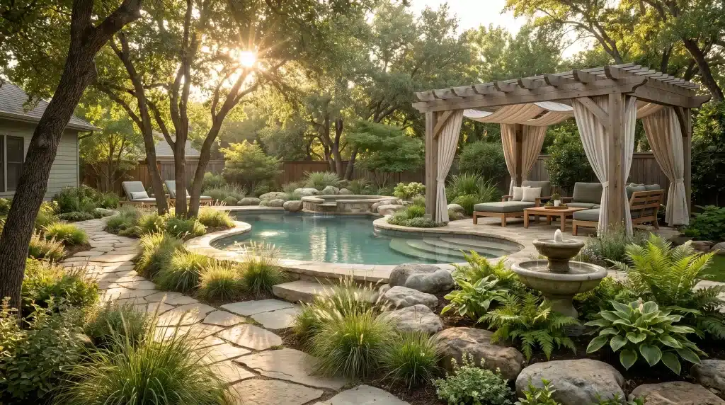 Outdoor patio with wooden pergola, lounge chairs, and stone pathway beside swimming pool in garden setting