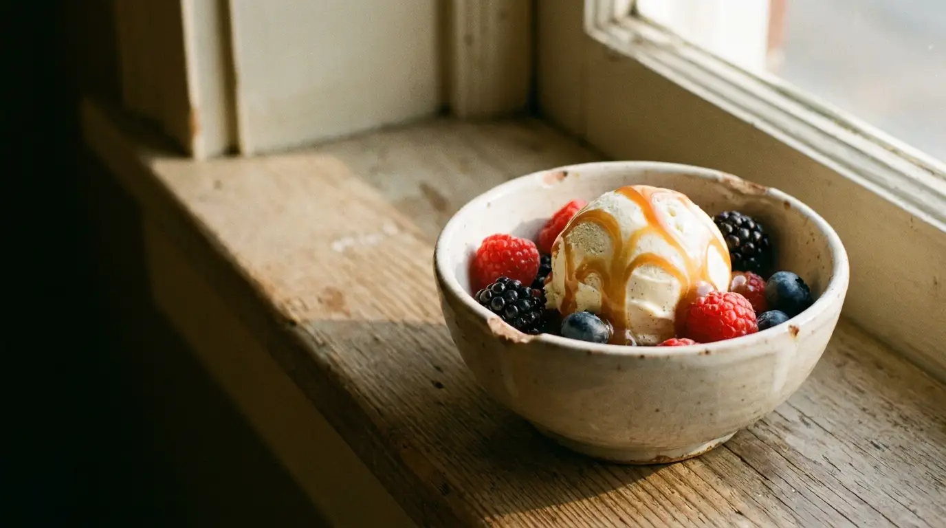 Bowl of vanilla ice cream with caramel drizzle and mixed berries on wooden windowsill in daylight