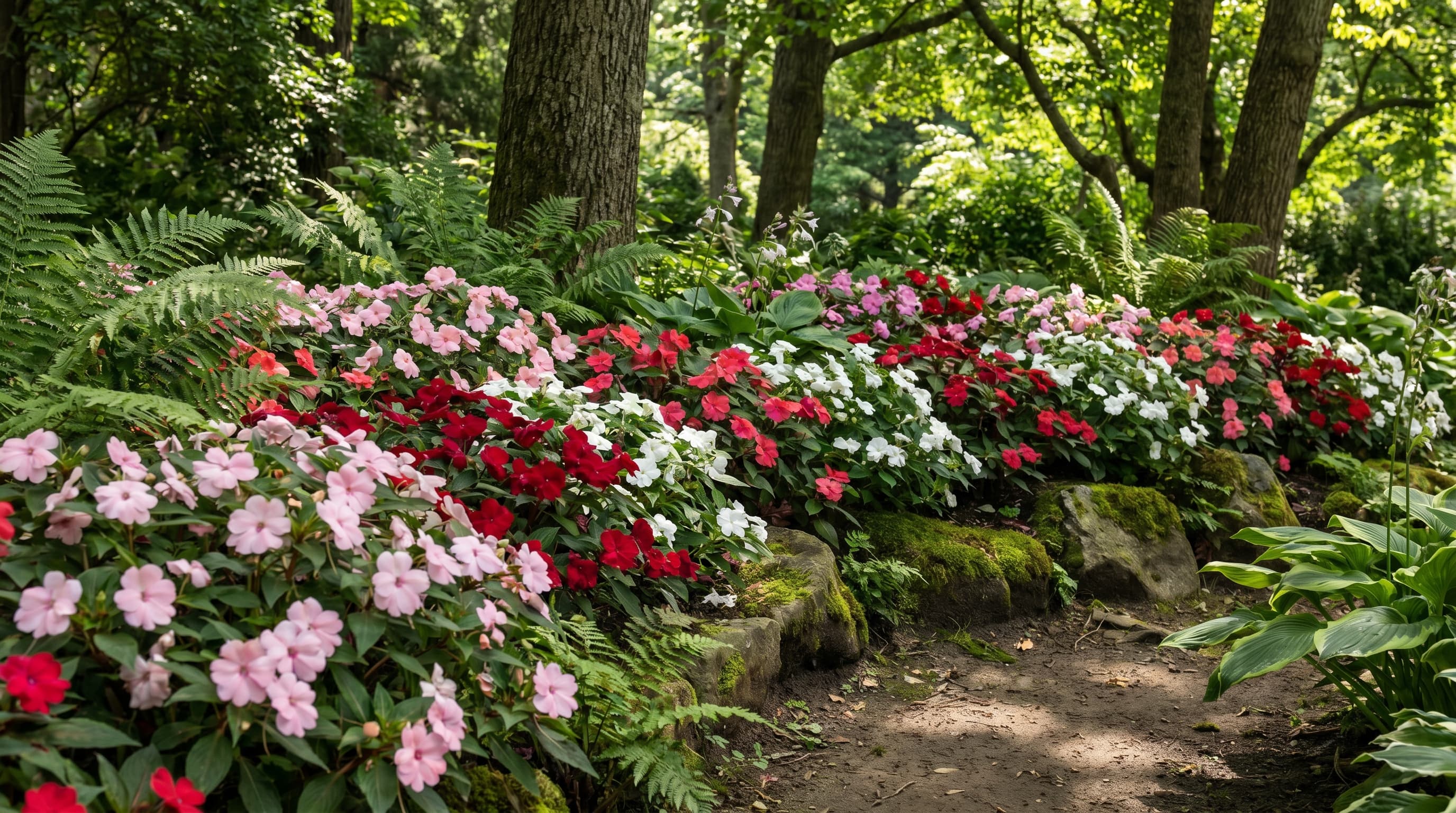 Colorful impatiens blooming along a shaded woodland garden pathway.