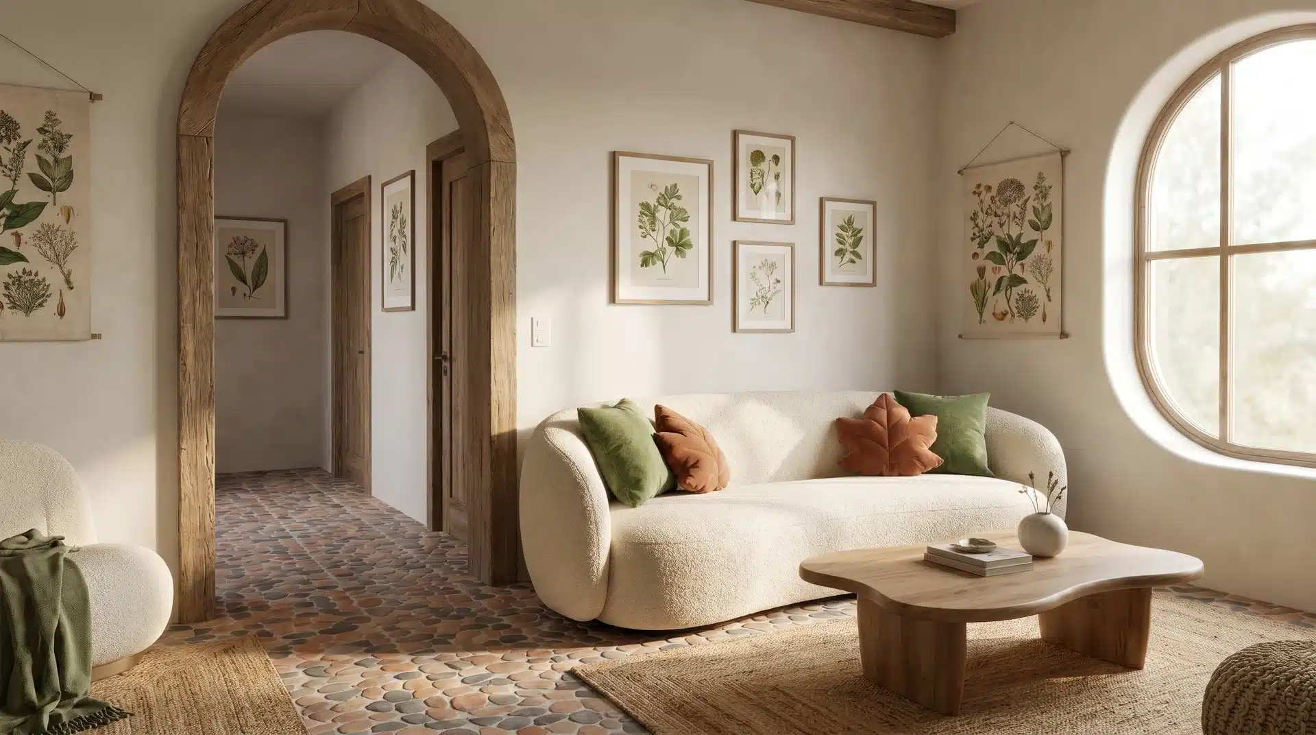 A warm, neutral room with a curved white sofa, a wooden coffee table, stone pebble flooring, and large arched doorways.