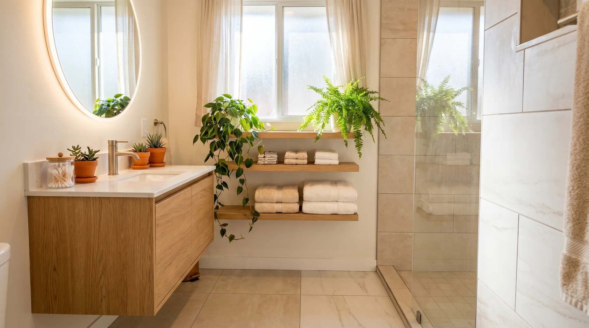 Coordinated towels and rugs with wooden vanity in a warm bathroom setting.