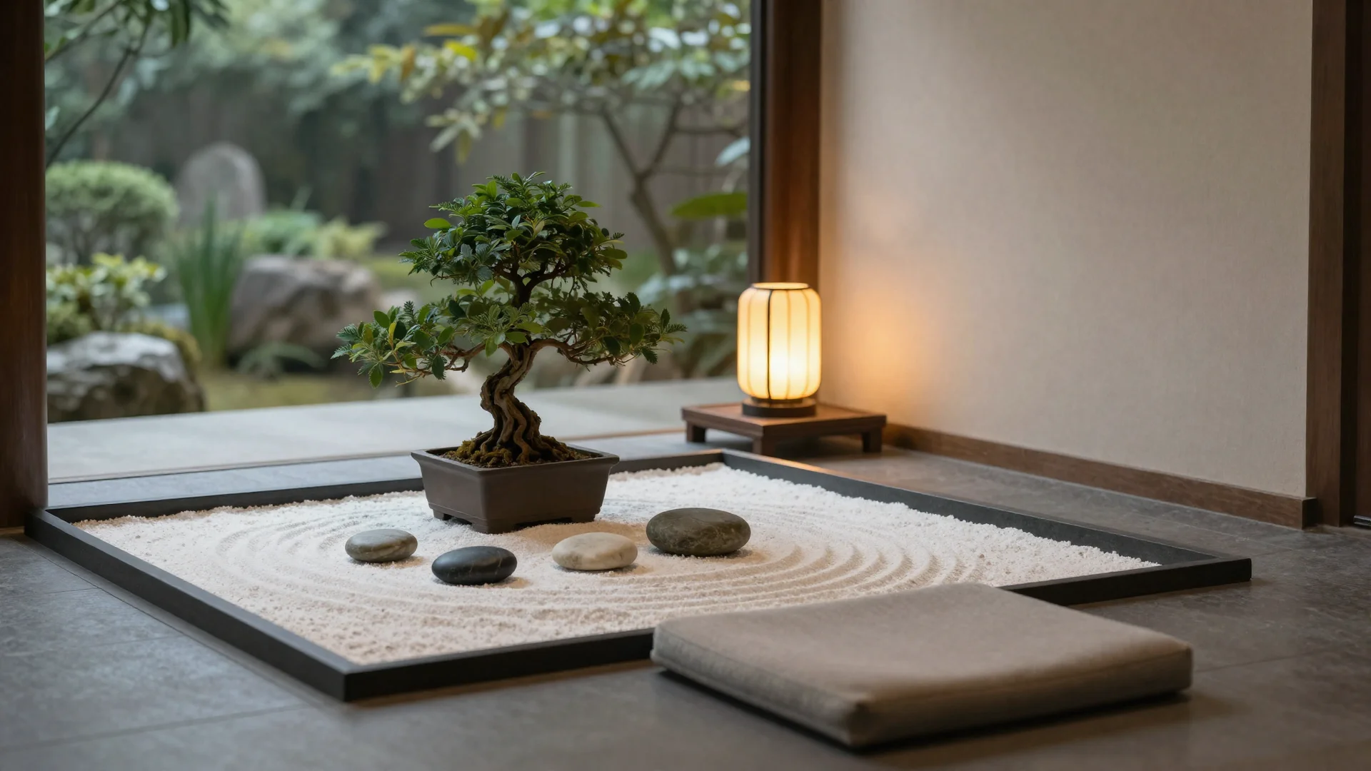 An indoor zen garden floor tray filled with raked white sand, smooth dark stones, a potted bonsai tree, and a glowing paper lantern.