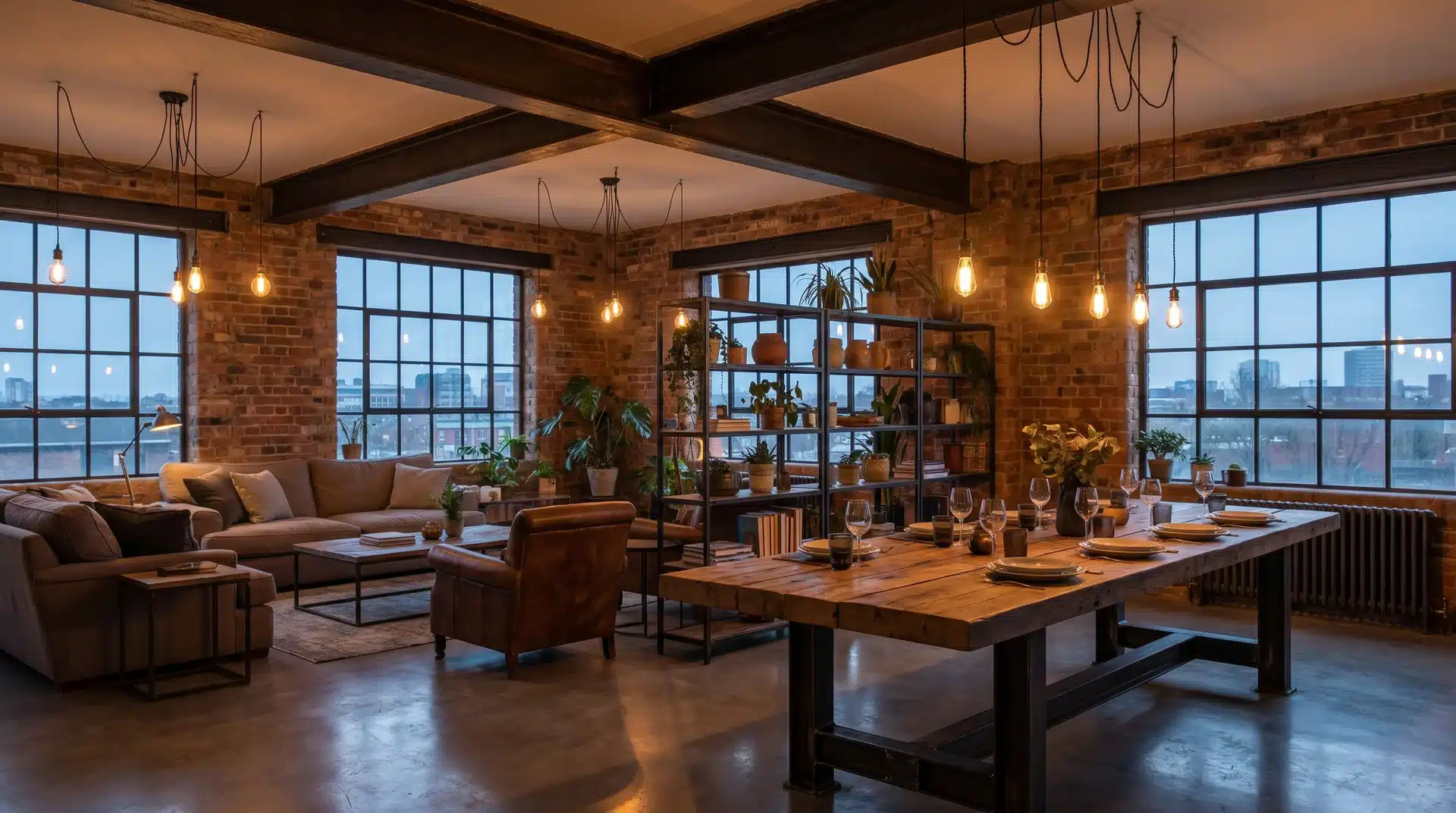 Industrial loft living space with exposed brick walls, a long wooden dining table, black metal windows, and hanging Edison bulbs.