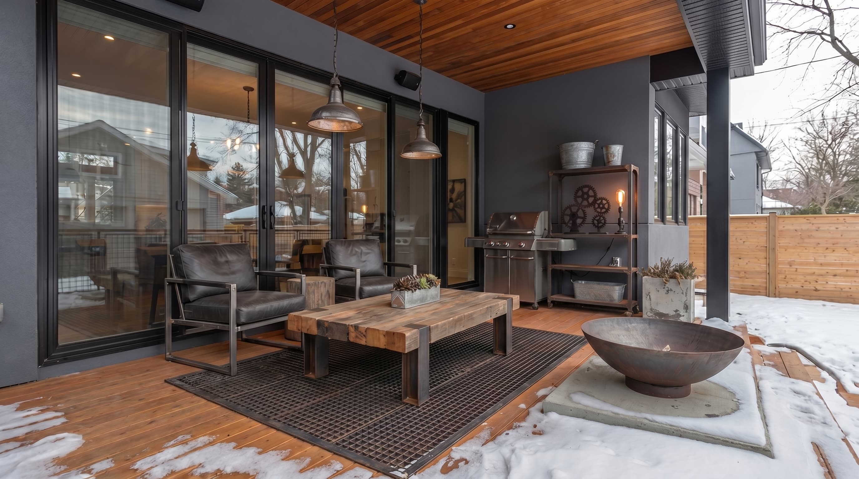 Modern outdoor porch with grey walls, wooden ceiling, lounge seating, and built-in grill area in winter.