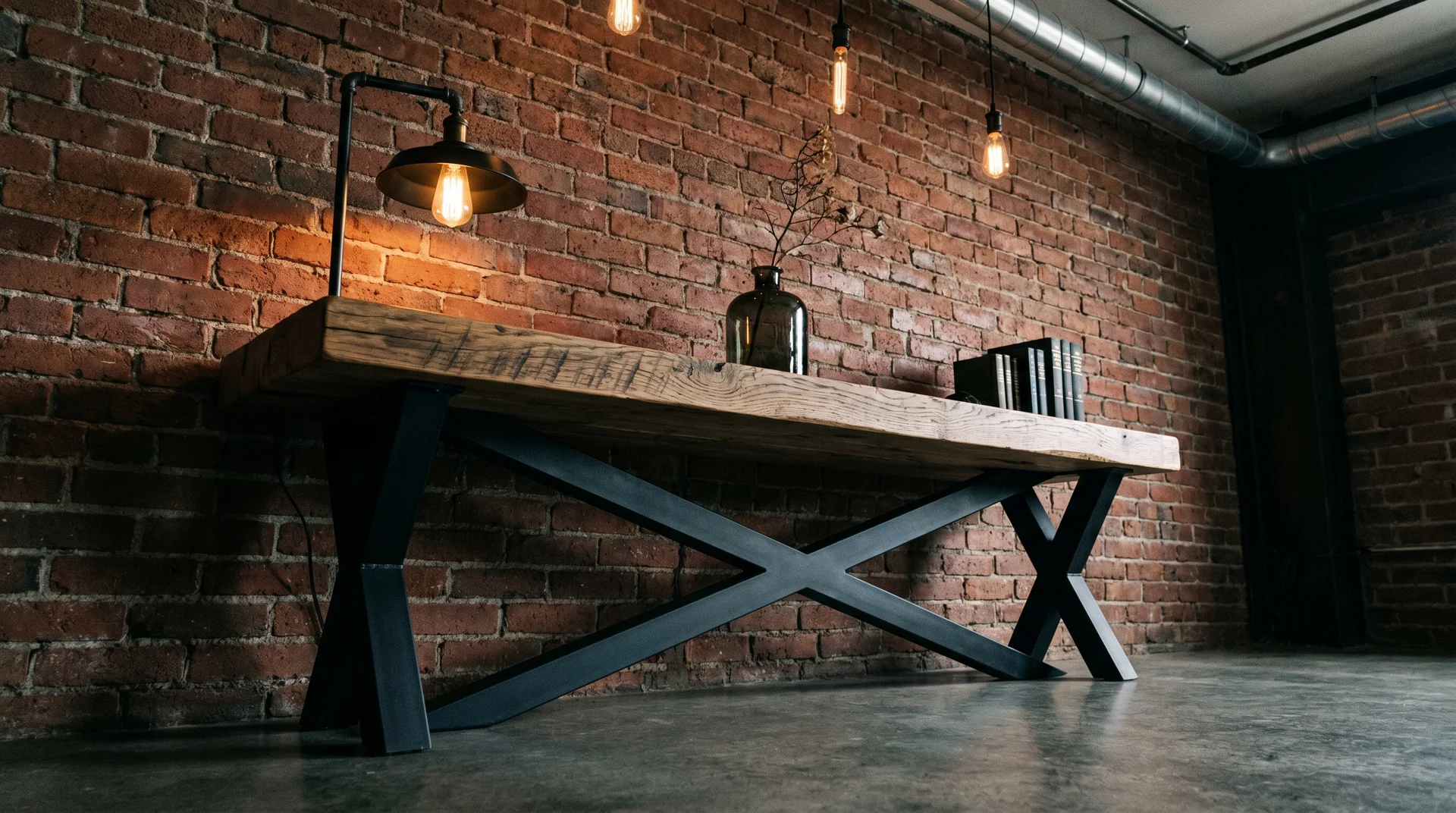 Reclaimed wood industrial console table with a black metal frame against an exposed brick wall, styled with a lamp and vase.