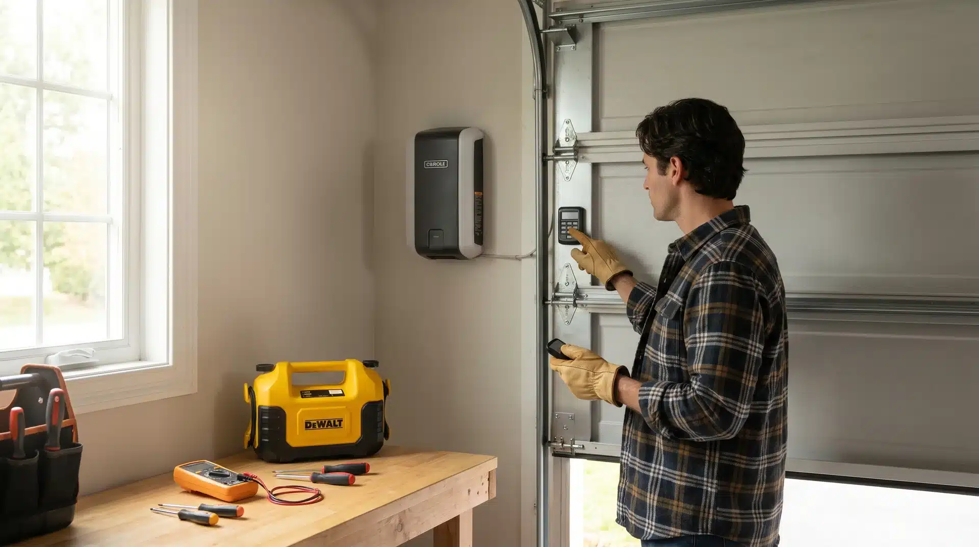 Person testing garage door opener using wall keypad in a garage.
