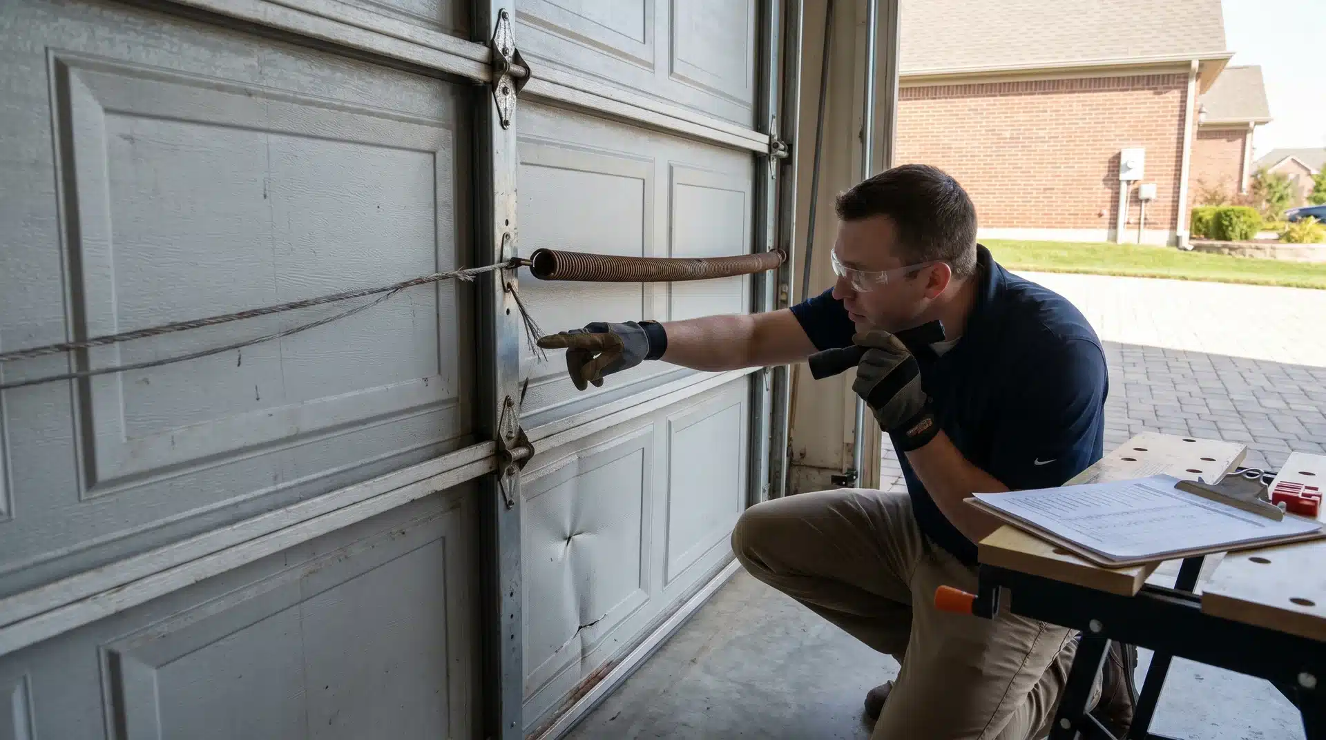 Person inspecting frayed garage door cable and spring for damage.