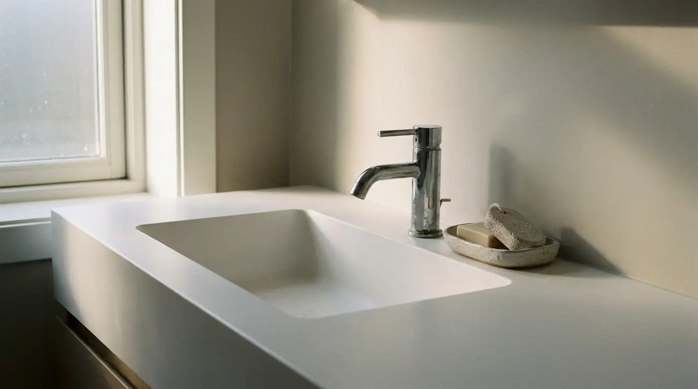Modern bathroom sink with chrome faucet and soap dish near frosted window