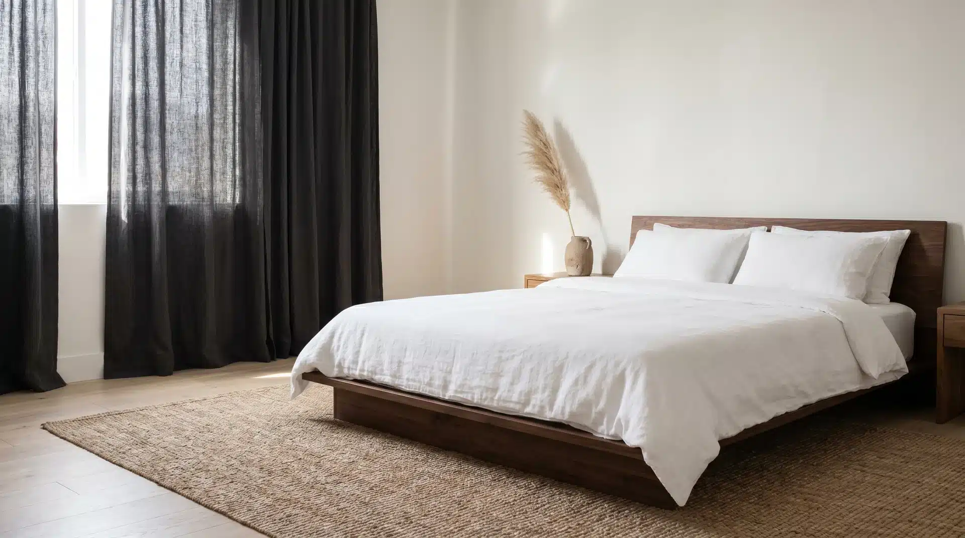 Minimalist Japandi bedroom with a low wood platform bed, white bedding, dark charcoal drapes, and a neutral textured rug.