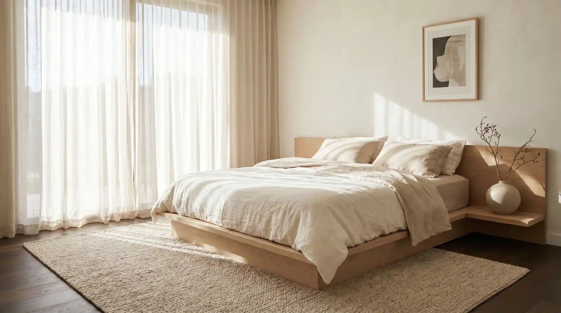 Minimalist Japandi bedroom featuring a low-profile wooden bed with beige bedding and a built-in headboard shelf.