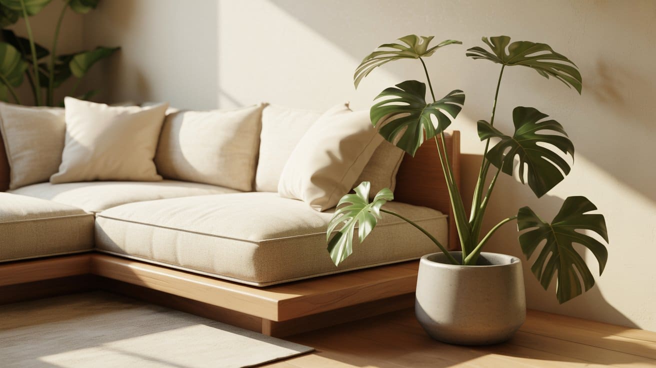 Japandi living room with a low wooden sofa, linen upholstery, a single statement plant, warm neutral walls, and minimal, purposeful decor creating a calm, curated space.