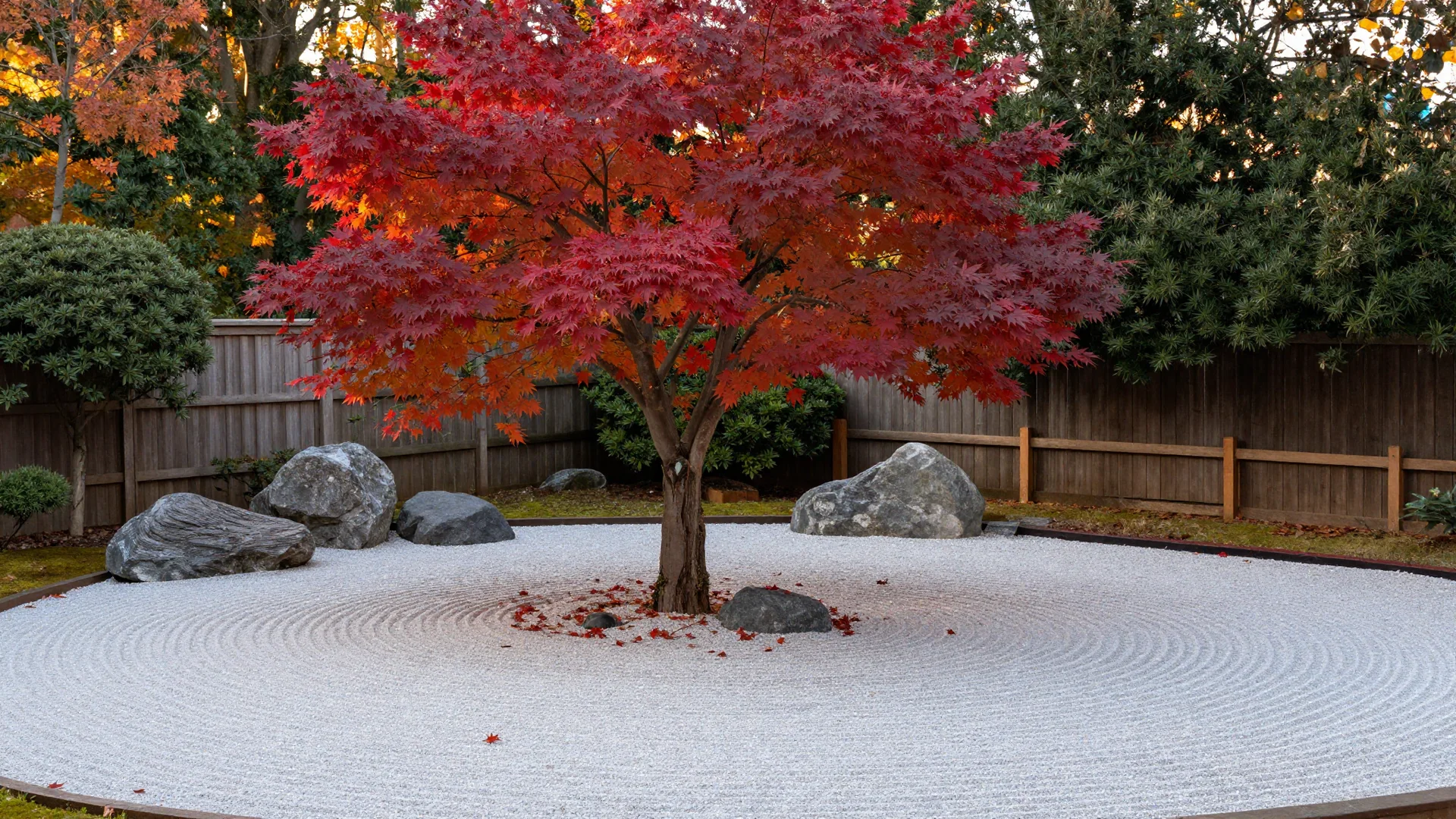 A vibrant Japanese maple tree with deep red foliage stands centered in a bed of finely raked white gravel, flanked by large grey boulders.