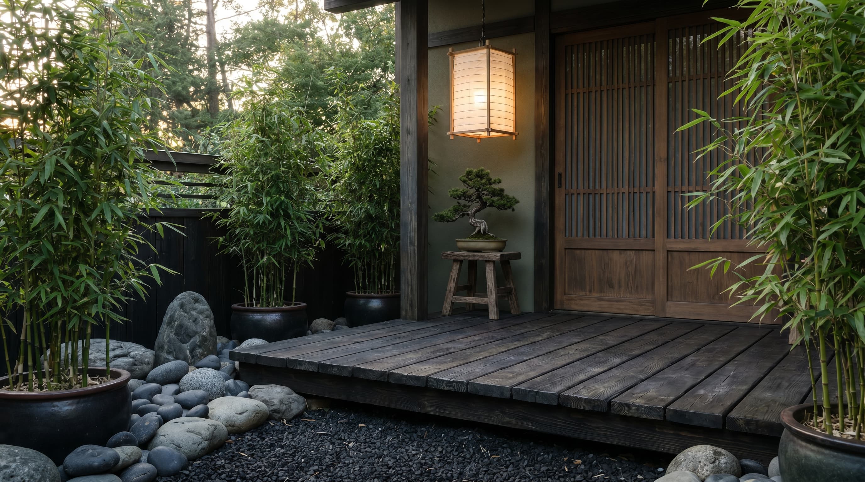 Japanese zen front porch design ideas with bamboo plants, smooth river stones, a wooden platform, and a paper lantern.