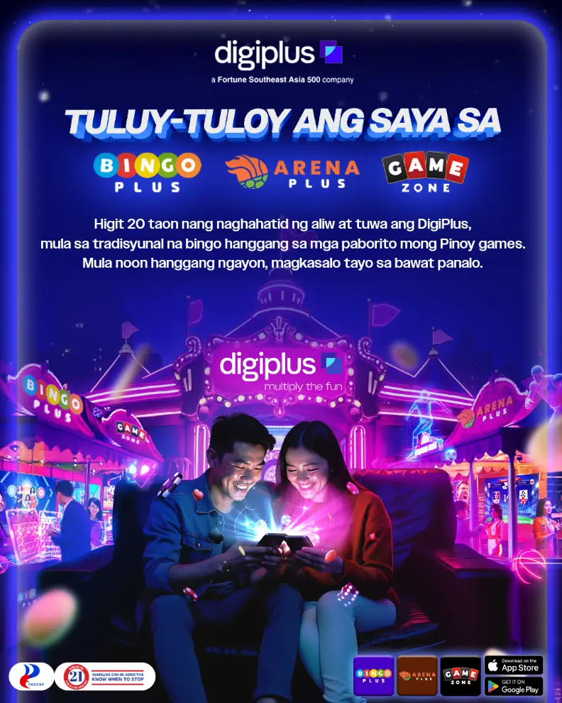 Two people smiling at smartphones in vibrant arcade setting with neon lights