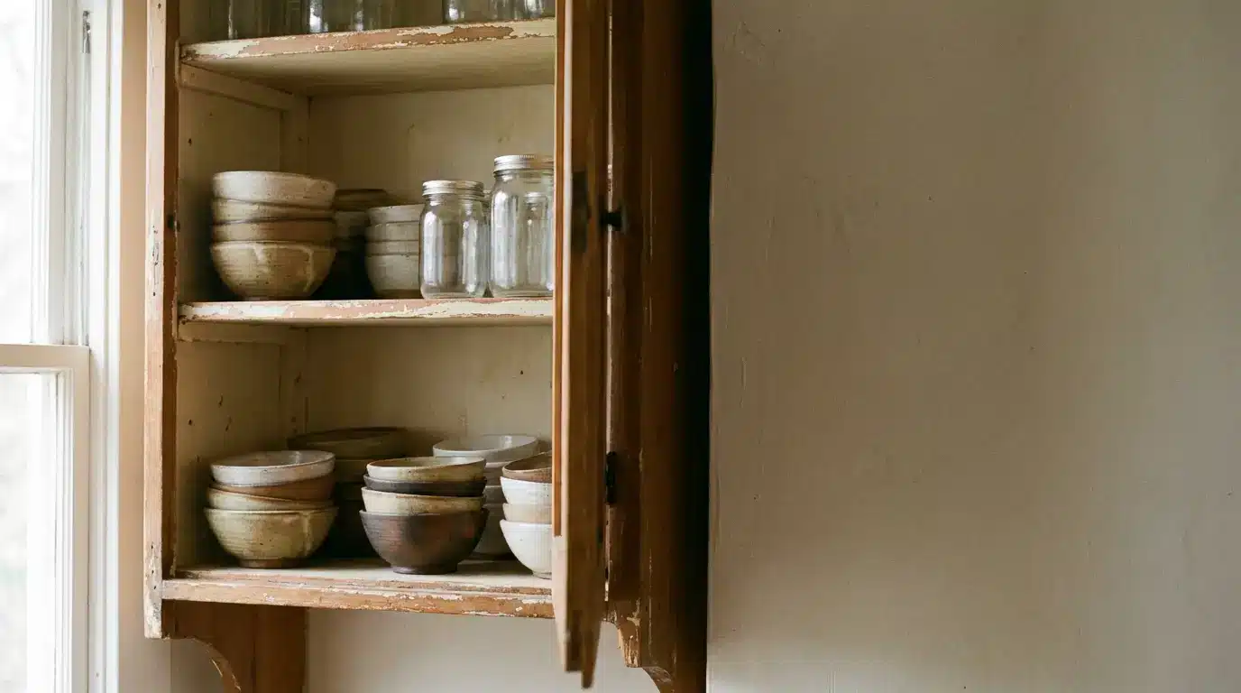 Rustic wooden cabinet with stacked ceramic bowls and glass jars in a softly lit room