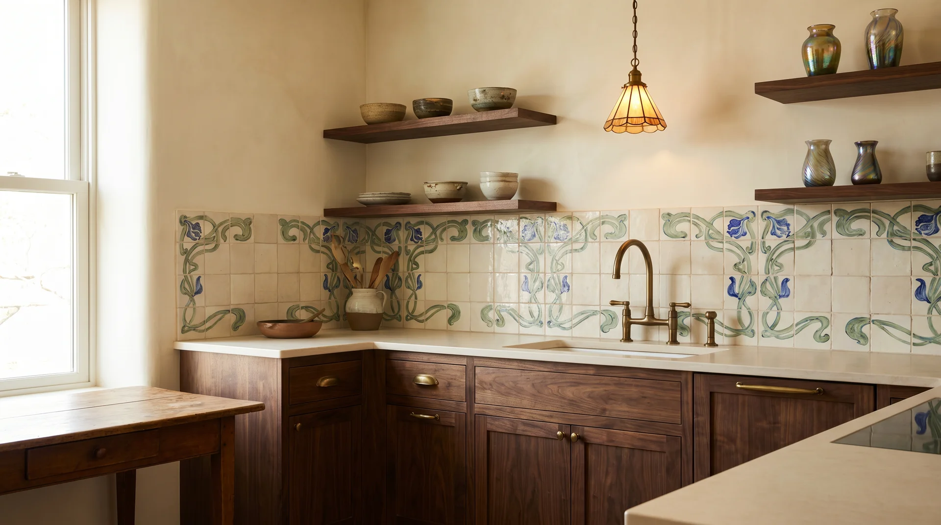 Art Nouveau kitchen with a handmade ceramic tile backsplash, dark wood lower cabinets, and open shelves with glassware.