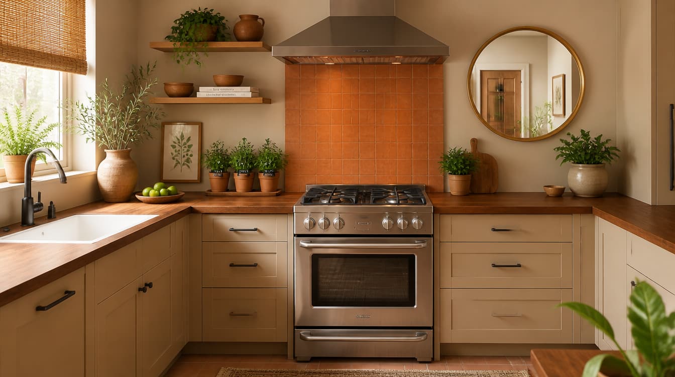 Warm modern kitchen with stainless steel range, open wooden shelves, neutral cabinetry, and soft lighting.