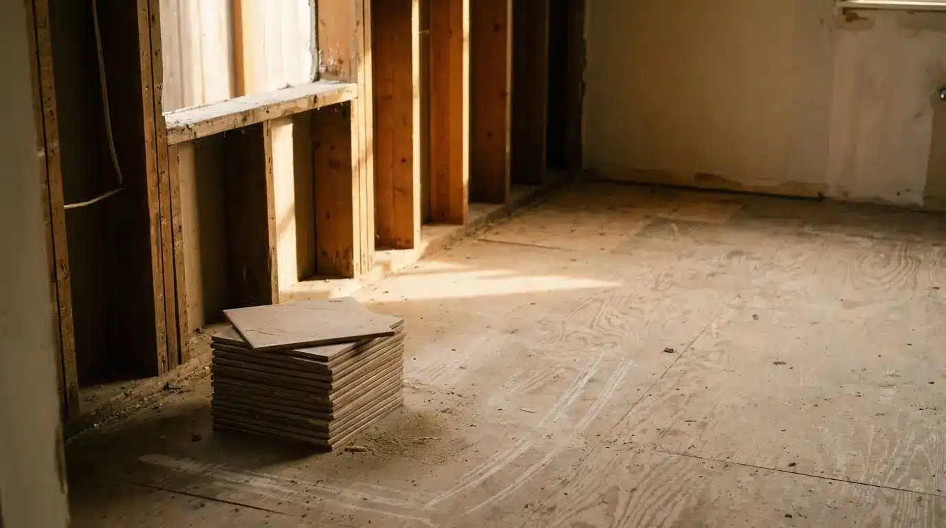 Stack of tiles on unfinished wooden floor in partially renovated room