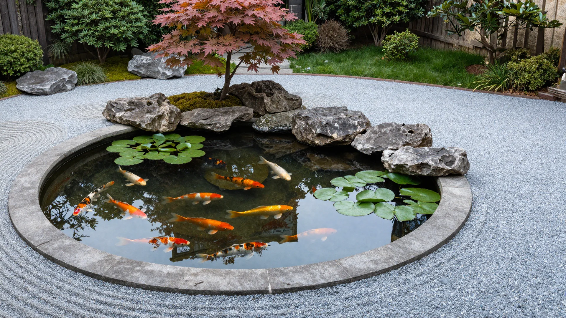 A small circular koi pond filled with water lilies and several colorful koi fish, surrounded by a raked gravel garden.