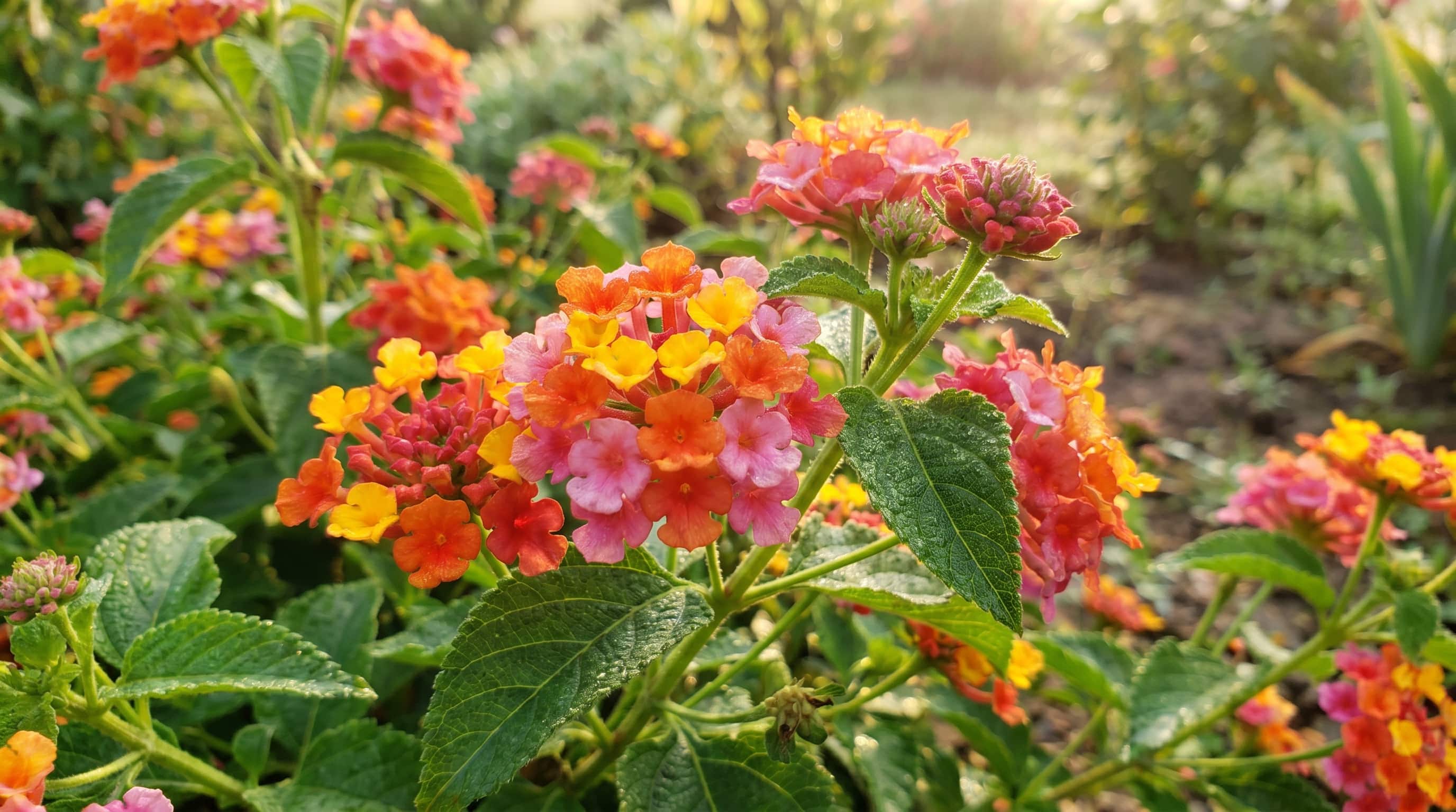 Vibrant orange, yellow, and pink lantana flowers blooming in a sunny garden.
