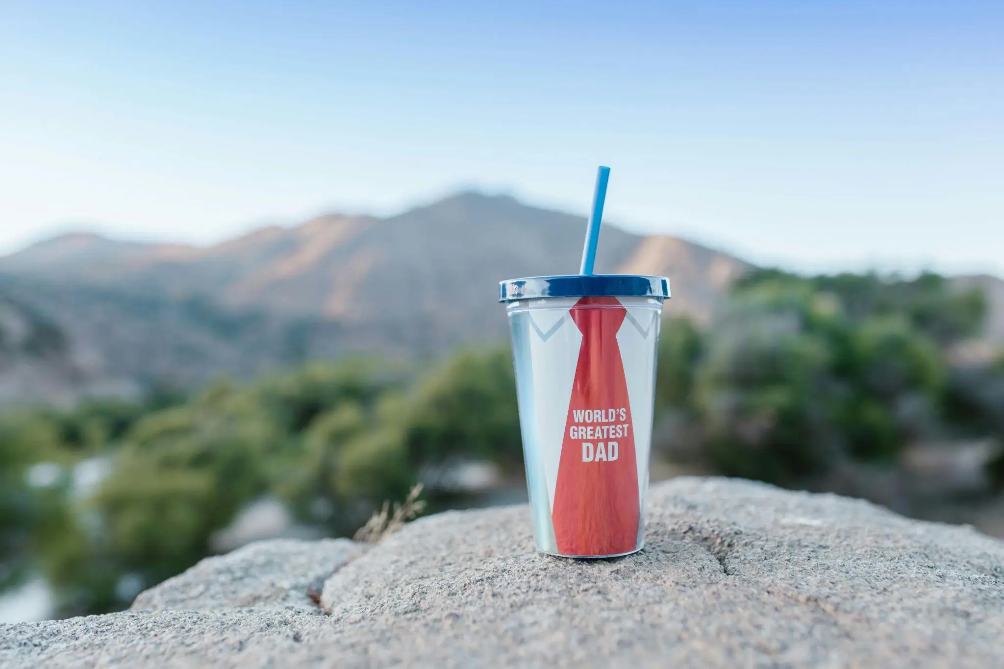 Travel mug with blue lid and straw on rock with mountains in background