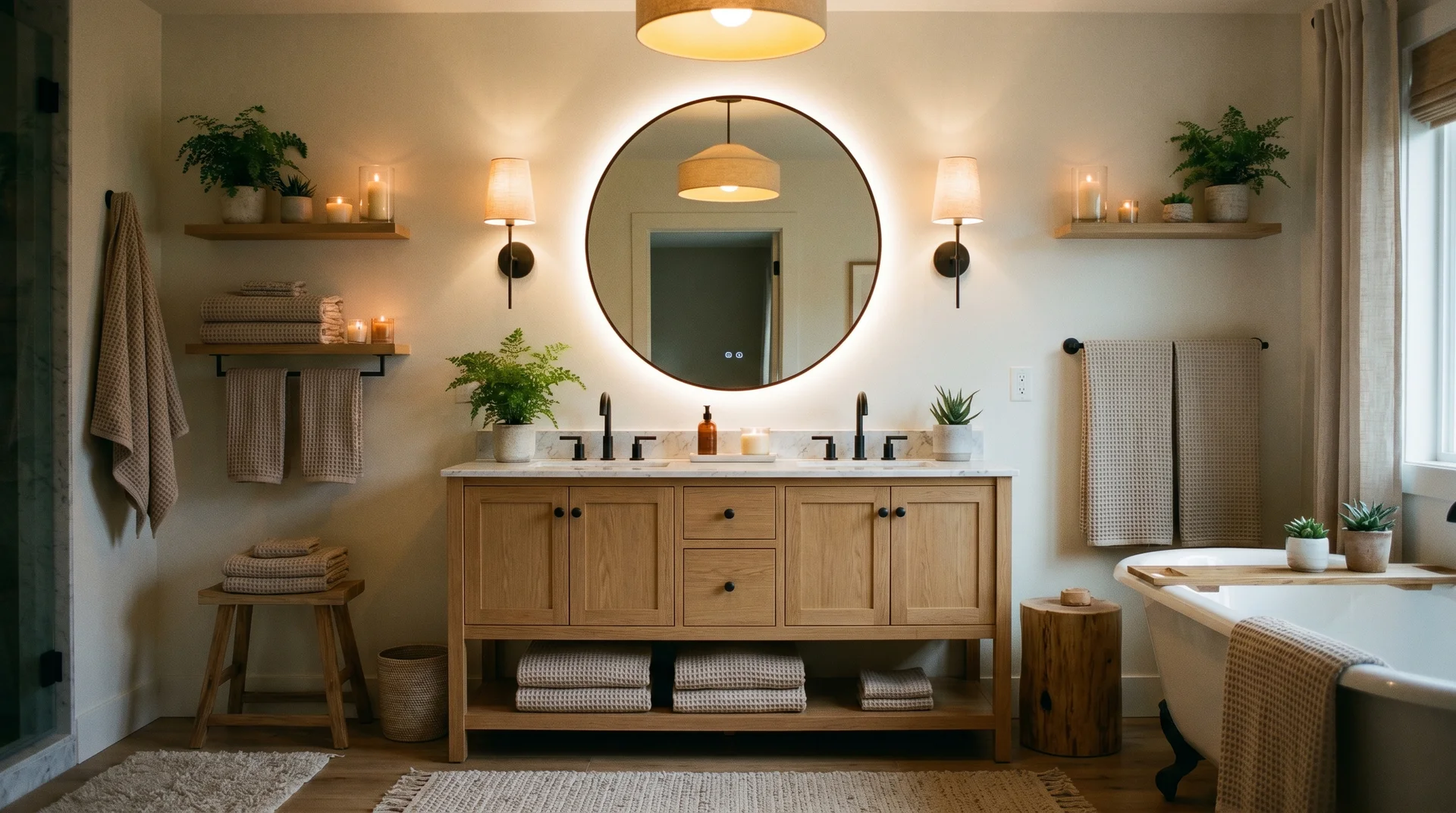 Bathroom with warm layered lighting, round mirror, and wooden vanity with plants.