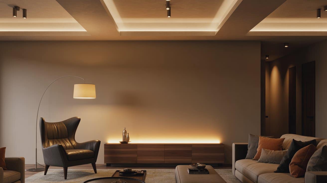 Living room showcasing three-layer lighting: ambient ceiling light, floor lamp for task lighting, and LED accent lights behind the media console, creating depth and a cozy, inviting atmosphere.