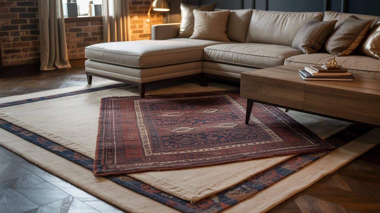 Living room featuring a neutral flat-weave base rug with a smaller patterned rug layered on top, adding depth, personality, and a stylish, inviting atmosphere.
